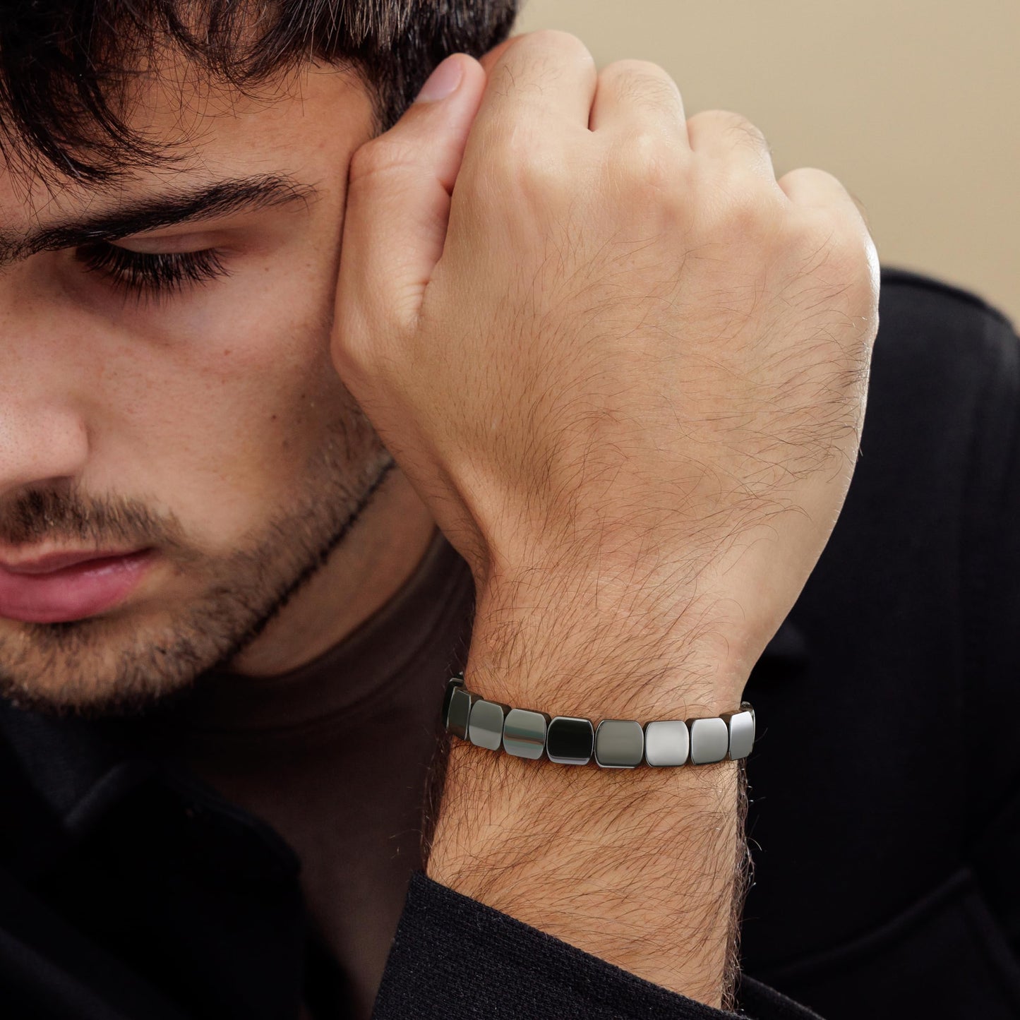 DONYUDE Square Hematite Bracelet Men Reignites Masculine Energy Strech Black Natural Hematite for Dad Husband Boyfriend Birthday Motivational Gift for Confidence Strength Crystal Jewelry