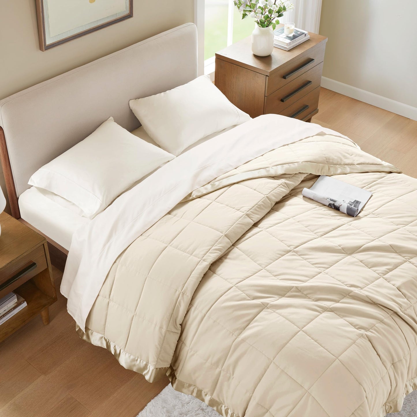 Madison Park Windom Down Alternative Blanket, Premium 3M Scotchgard Moisture Wicking Treatment, Lightweight and Soft Bed Cover For All Season, Satin Trim, Cream Full/Queen