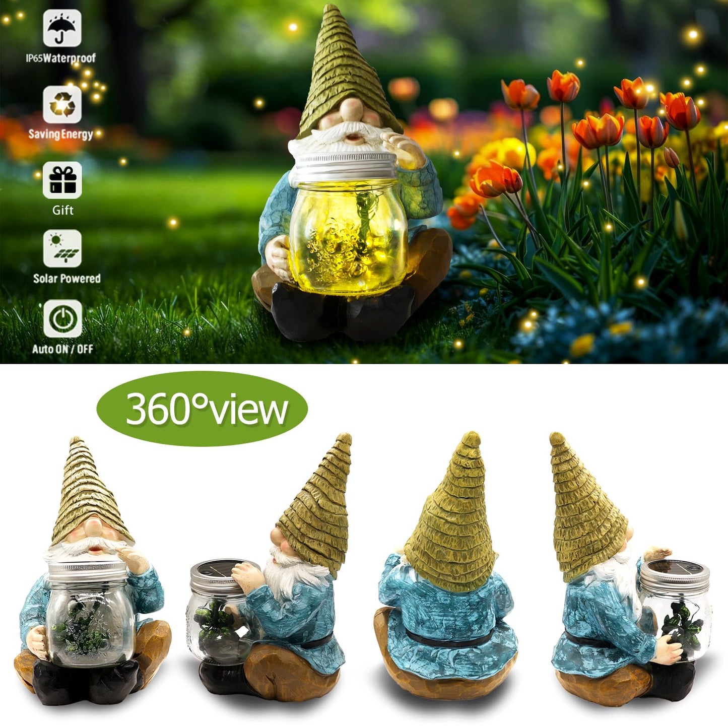 Vcdsoy Solar Firefly Jar Gnome Waterproof, Mother's Day,Birthday Housewarming Gifts for Mom Women,Large Garden Gnome Funny Solar Outdoor LED Lights Resin Statues 10.6" Lantern Figurines Decorations