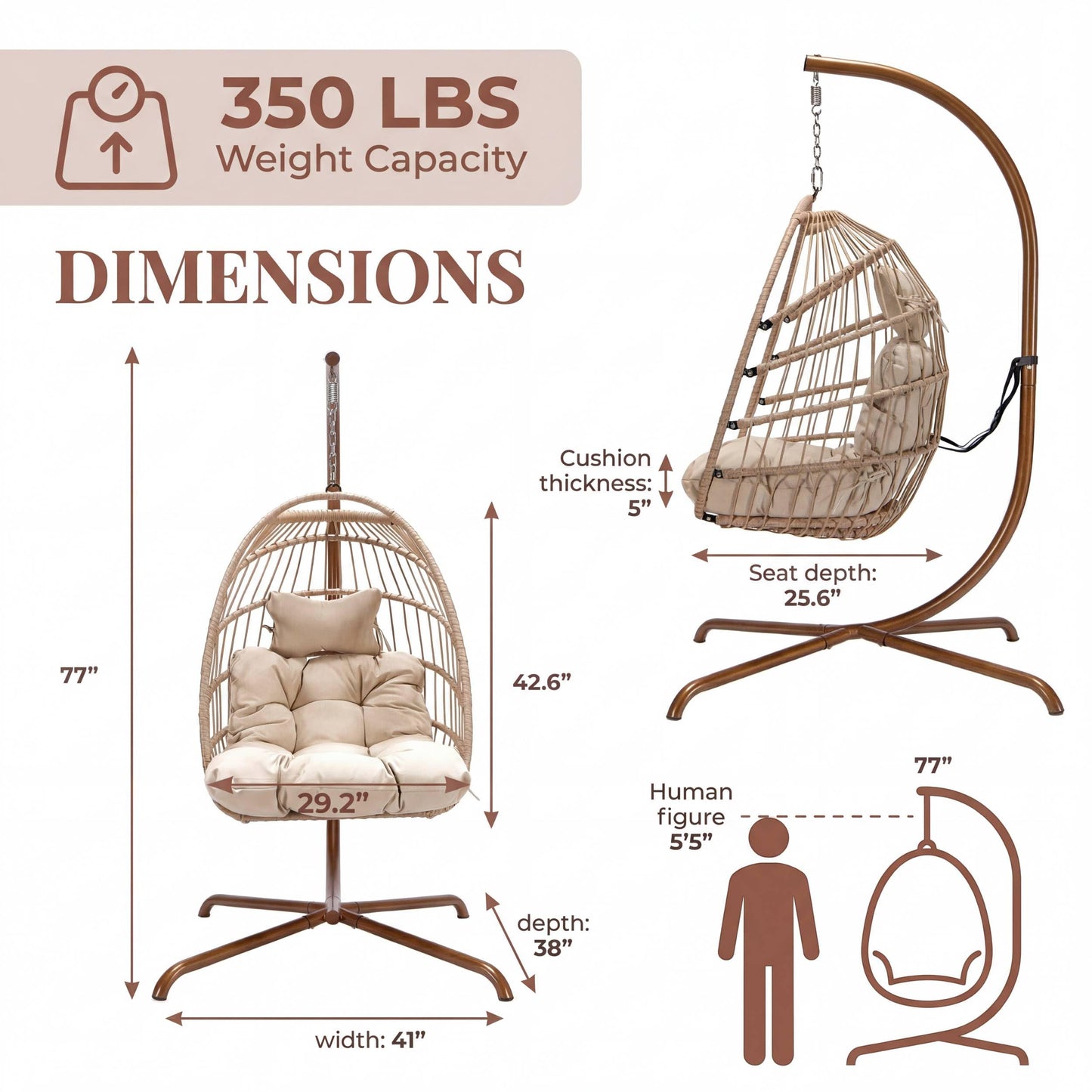 NICESOUL Hanging Egg Chair with Stand Indoor Outdoor, Comfy Patio Rattan Swing Hammock Chairs with Cushion, 350lbs Capacity Egg Shaped Chair for Lawn Backyard Balcony Bedroom, Birthday Gift, Beige