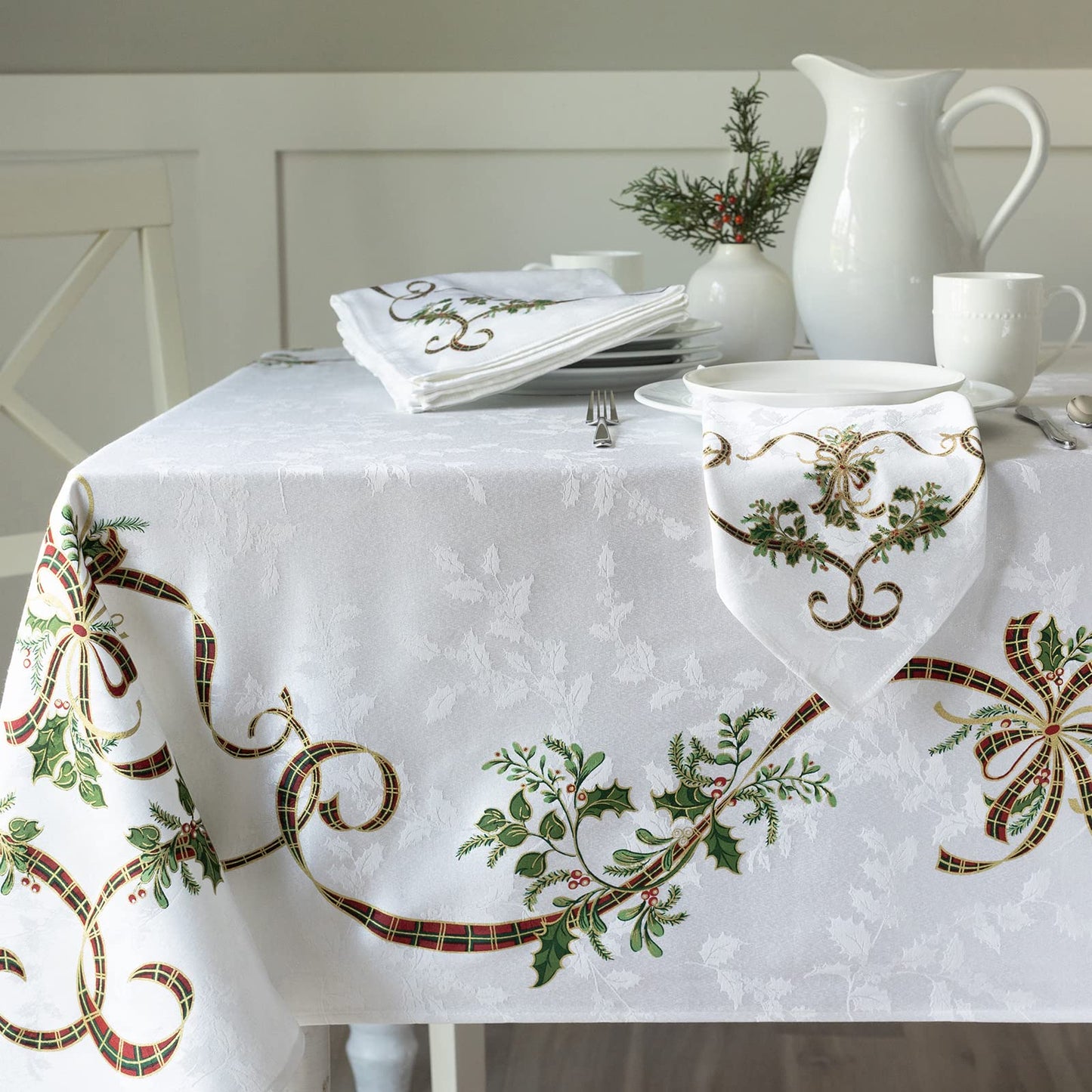 Benson Mills Heavyweight Engineered Printed Jacquard Fabric Christmas Table Cloth, for Holiday, Winter, and Christmas Tablecloth (Merry Ribbons, 60" x 104" Rectangular)