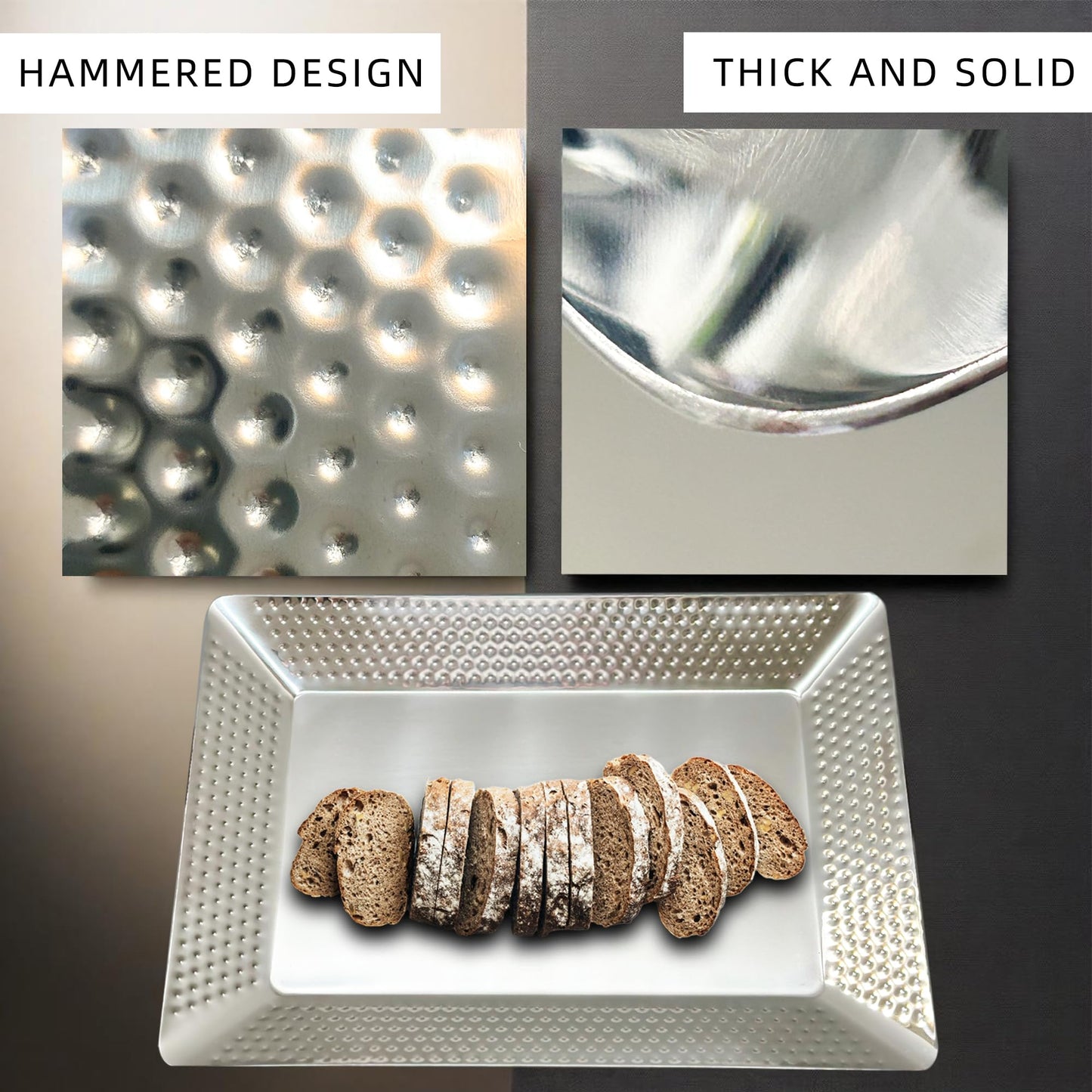 Olmaanseta Stainless Steel Rectangular Serving Tray,Multipurpose Hammered Silver Large Decorative Platters,Organizer Tray for Kitchen Or Bathroom
