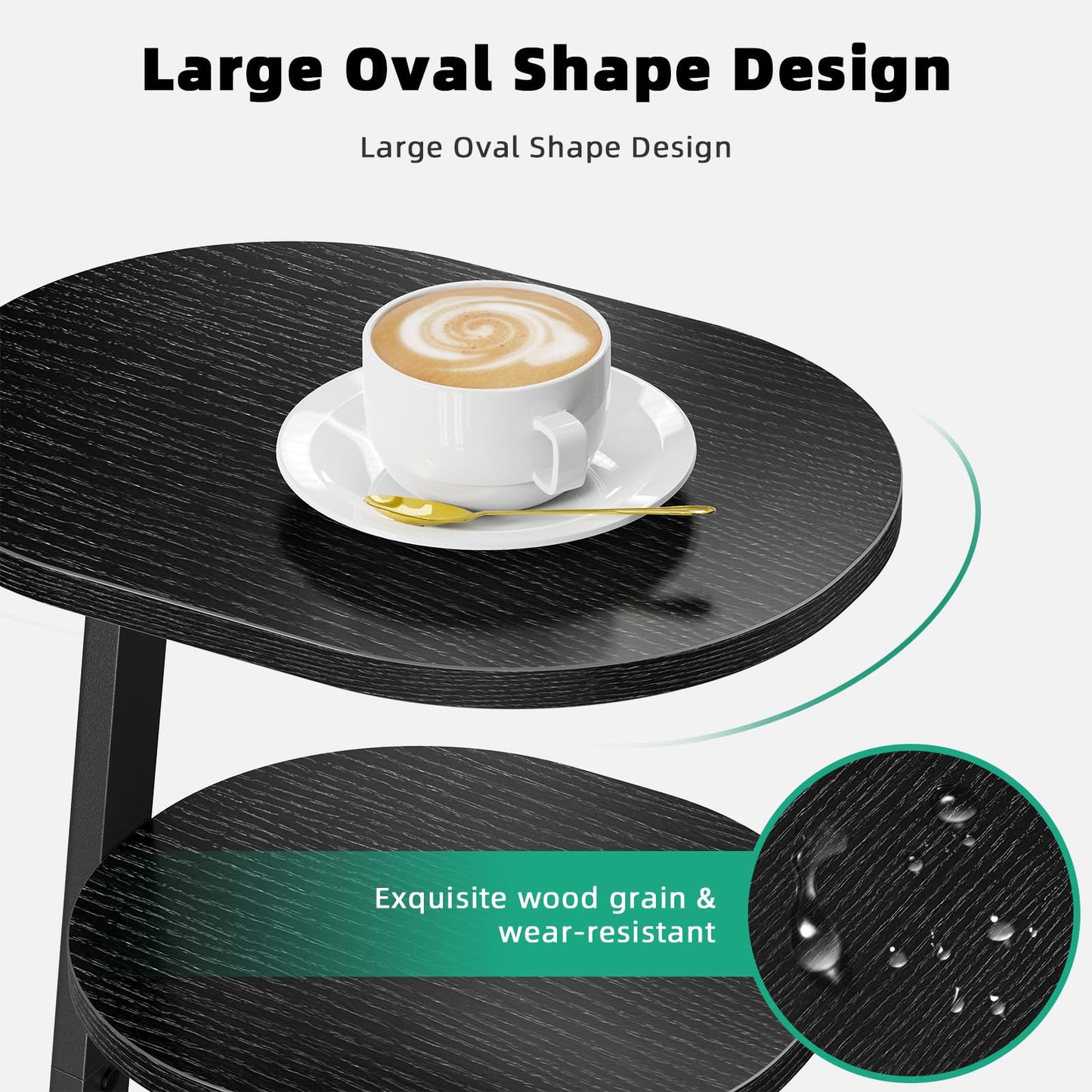 Kalrin Side Table, Small End Table with Metal Frame, 3-Tier Bedside Tables, Round Side Tables for Living Room Bedroom Couch Bathroom, Oval, Pure Black
