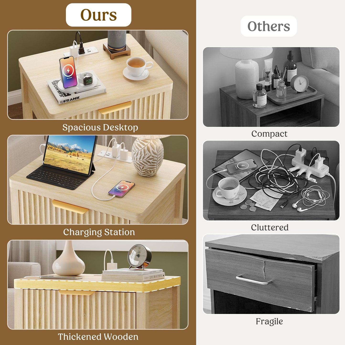 Lulive Night Stand Set 2, Fluted Nightstand with Charging Station, Wood Modern Bedside End Table with Storage Drawer for Bedroom, Save Space (Set of 2, Natural Oak)