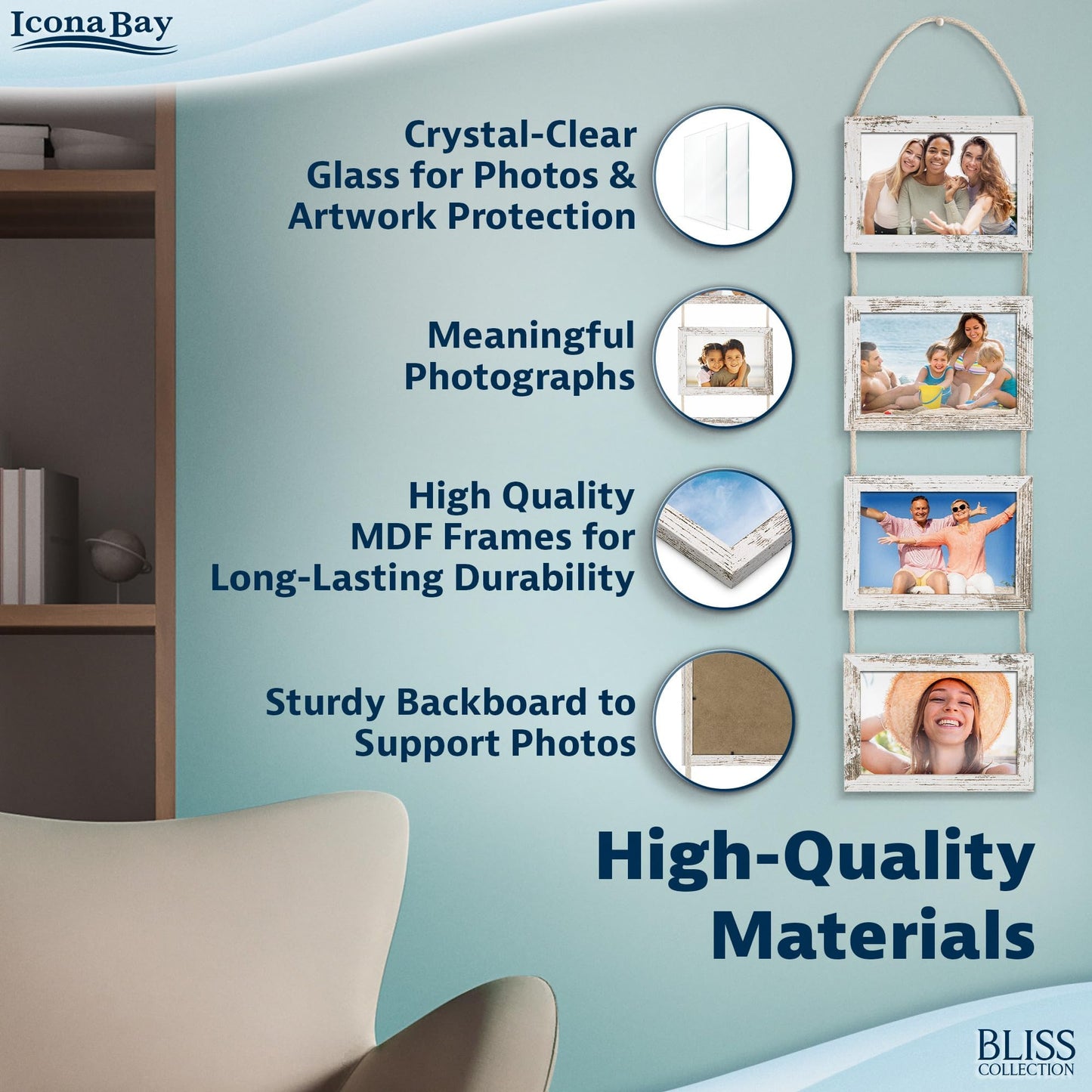Icona Bay - 4x6 Wall Hanging Picture Frames Collage with 8 Openings - Distressed White, 2 Pack - Casual Style Engineered Wood Frames - Wall Mount Only - Bliss Collection