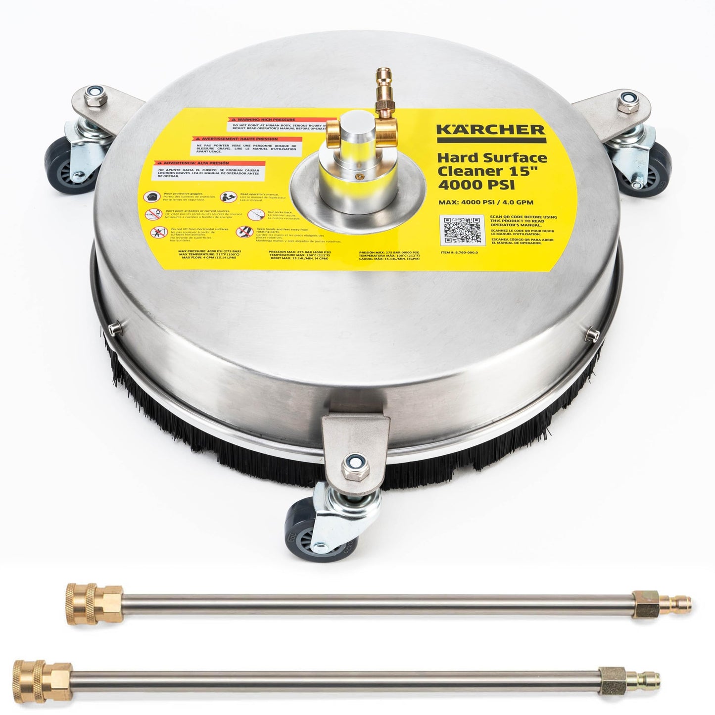 Kärcher Pressure Washer Surface Cleaner 15", 3 Wheels, Stainless Steel, Quick Connect, 4000 PSI, Ideal for Driveways, Patios, Decks, Sidewalks
