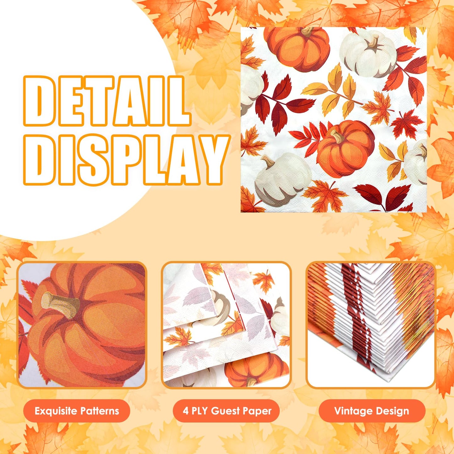 40 Pack Fall Thanksgiving Paper Napkins - 13 x 13 Inches Disposable Pumpkin and Autumn Maple Leaves Pattern Serviettes Tableware Luncheon Cocktail Napkin Party Supplies for Holiday Dinner Decorations
