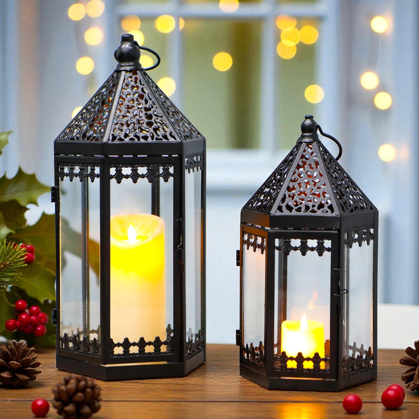 TRIROCKS Set of 2 Decorative Candle Lantern 16'' & 12'' High Metal Candle Holder Hanging Lanterns with Tempered Glass for Indoor Outdoor Home Decor Parties Garden Events (Black)