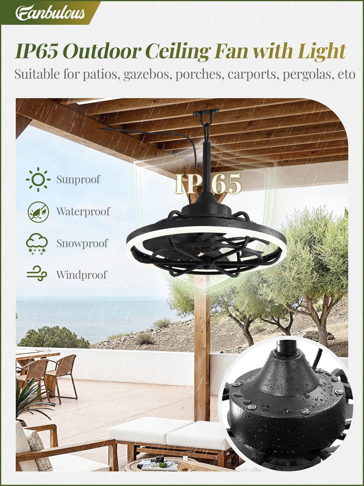 Fanbulous Outdoor Ceiling Fans with Light for Patios, 20" Weatherproof Plug in Ceiling Fan, Gazebo Fan Remote&APP Control, 3CCT Dimmable,Caged Ceiling Fan with Hanging Hook for Porch, Pergola,Canopy