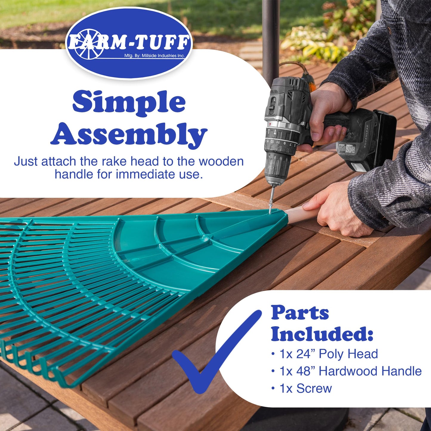 FARM-TUFF 24 Inch Leaf & Lawn Rake with 48 Inch Hardwood Handle - Extra-Wide, Durable Rake for Lawns, Gardens, and Yard Cleanup