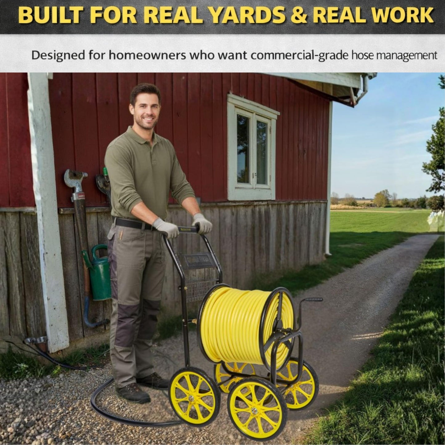 Real Hose Storage Garden Hose Reel Cart, Heavy Duty Hose Reel with Wheels, Outdoor Water Hose Reel for Backyard, Garden, or Lawn, Metal Hose Carts (400ft Hose Carriage)