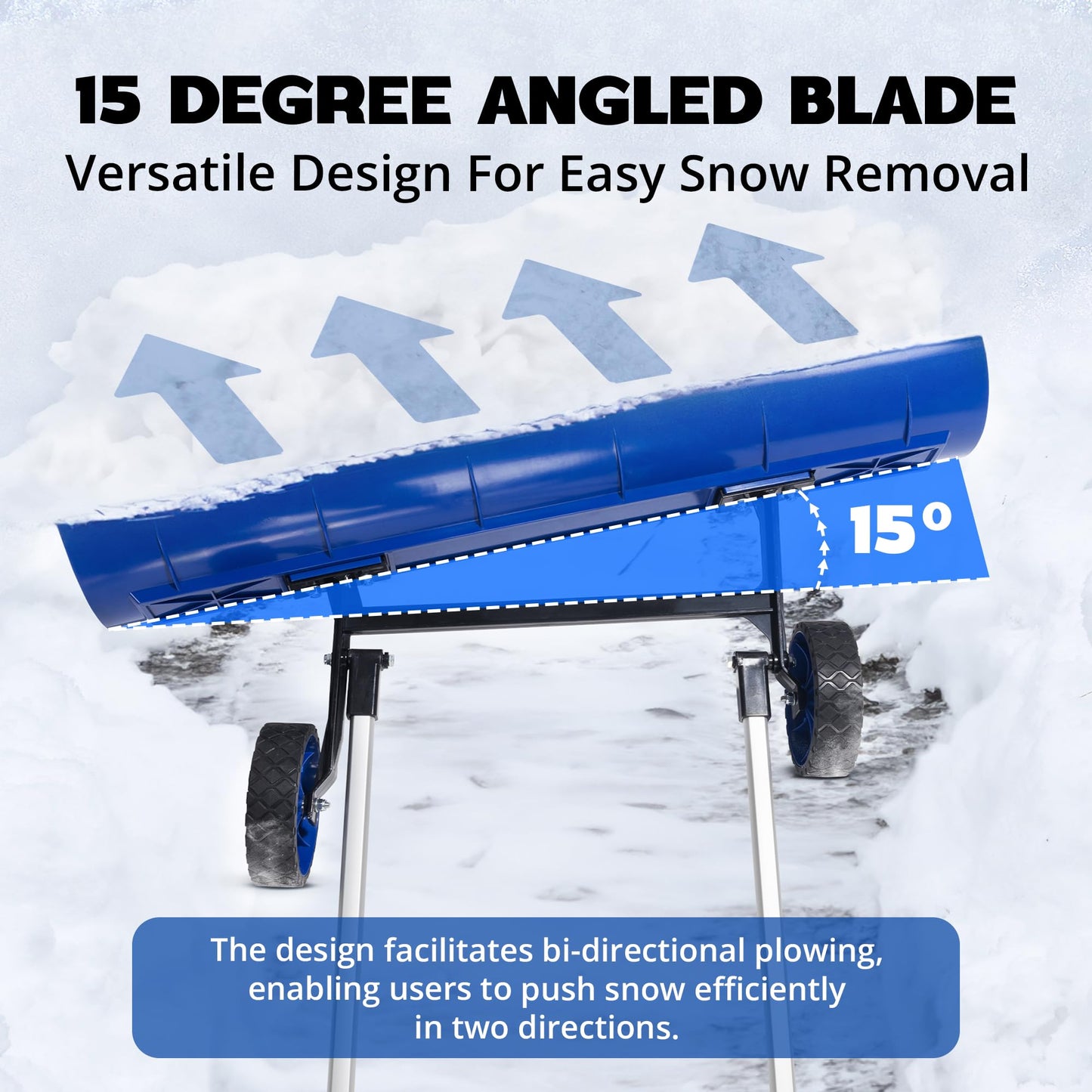 Idzo Efficient Snow Pusher, Snow Plow Shovel with 37-Inch Reversible and Bi-Directional Angled Blade, Snow Shovel with Wheels & Convenient 90 Degree Handle for Driveways, Sidewalks, Ice Hockey Rinks