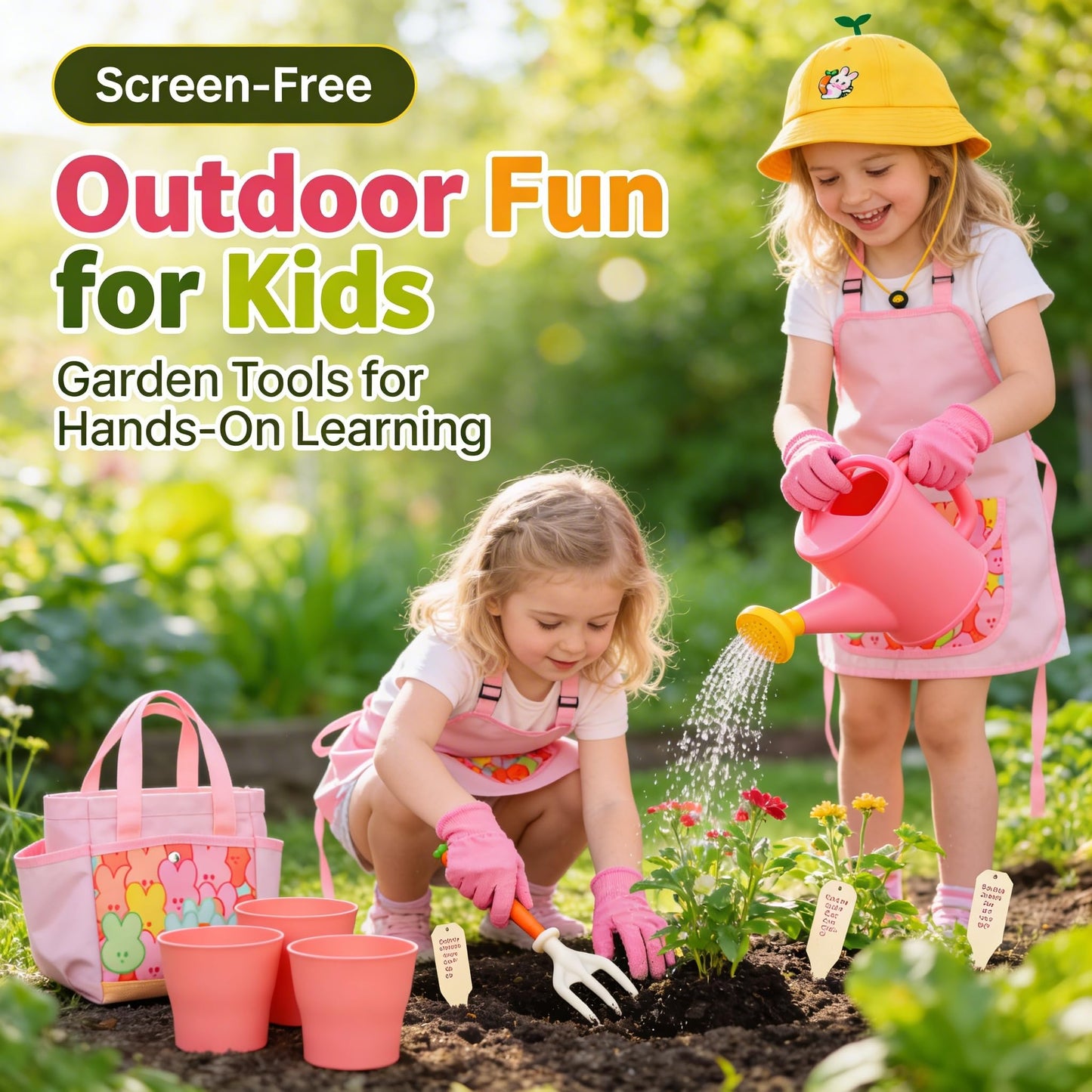 Kids Gardening Outdoor Tools Set with Adorable Sun Protective Hat & Bunny Apron, Carrot-Shaped Shovel Rake Trowel, Garden Kit for Toddlers Ages 3-8, Spring Birthday Gift