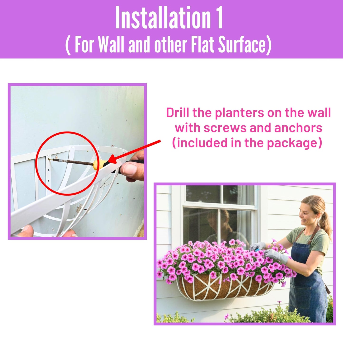 LaLaGreen 30 Inch, 2 Pack White Metal Window Planters-Wall Mount Flower Pots for Outdoor with Coco Coir Liner, Attach to House Flower Boxes Hanging Walls Plant Holders for Fence Balcony Porch, Patio