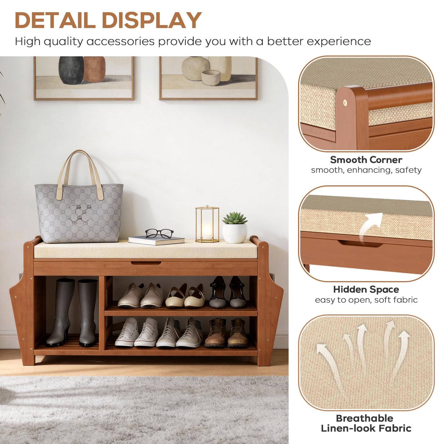 oakvivo 39.4in Shoe Bench with 2 Side Holder, 3 Tier Bamboo Entryway Bench with Storage, Shoe Rack Bench Organizer with Cushion for Entryway Hallway Living Room, Holds up to 330lbs