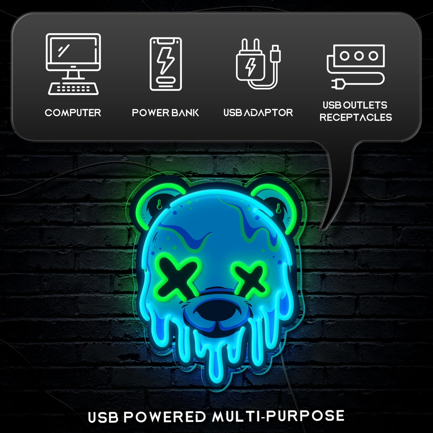 Ice Bear Neon Sign, Cool Led Sign for Wall Decor - Usb Powered, Adjustable Brightness Anime Bear Led Light for Bedroom, Bar, Pub, Party, Man Cave Decor, Unique Gift for Teenage Boys