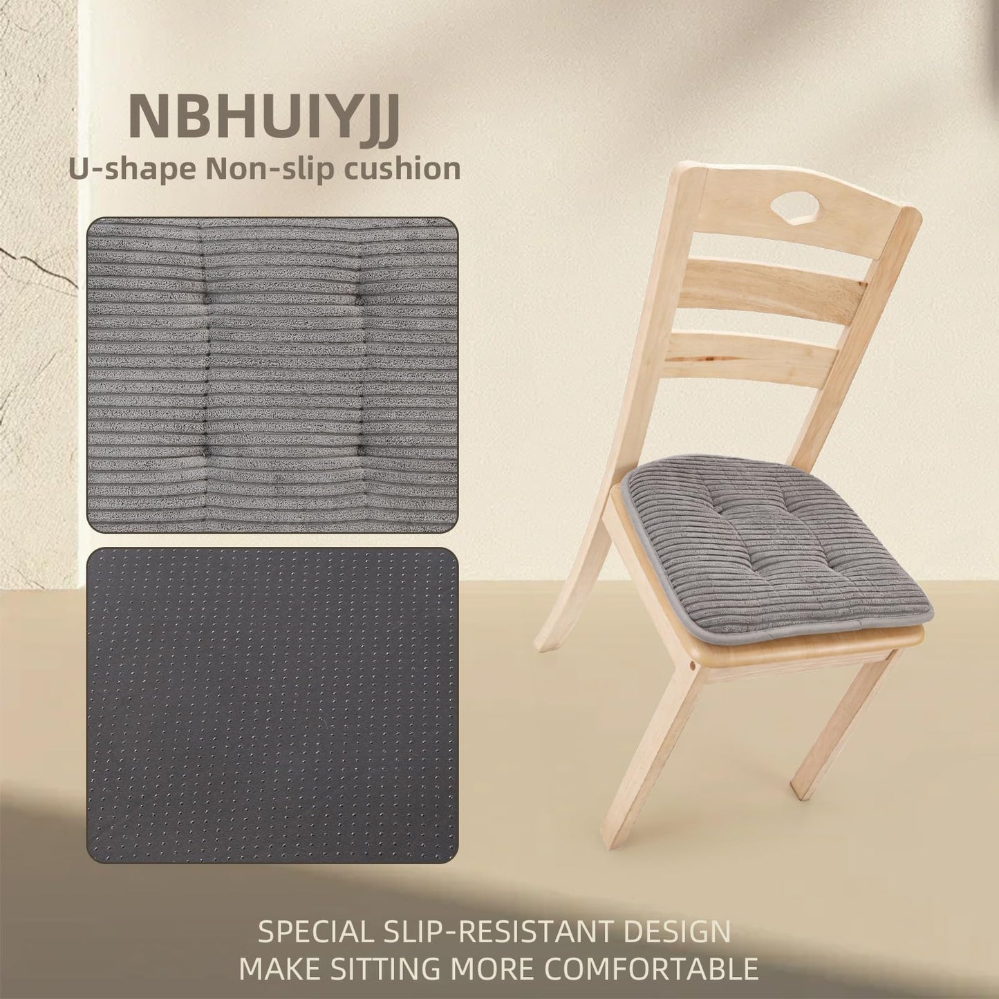 NBHUIYJJ Memory Foam Chair Cushion, U-Shape 17" x 15" Tufted Non-Slip Back Seat Cushion for Dinning Room, Office, Kitchen, 2 Counts, Grey