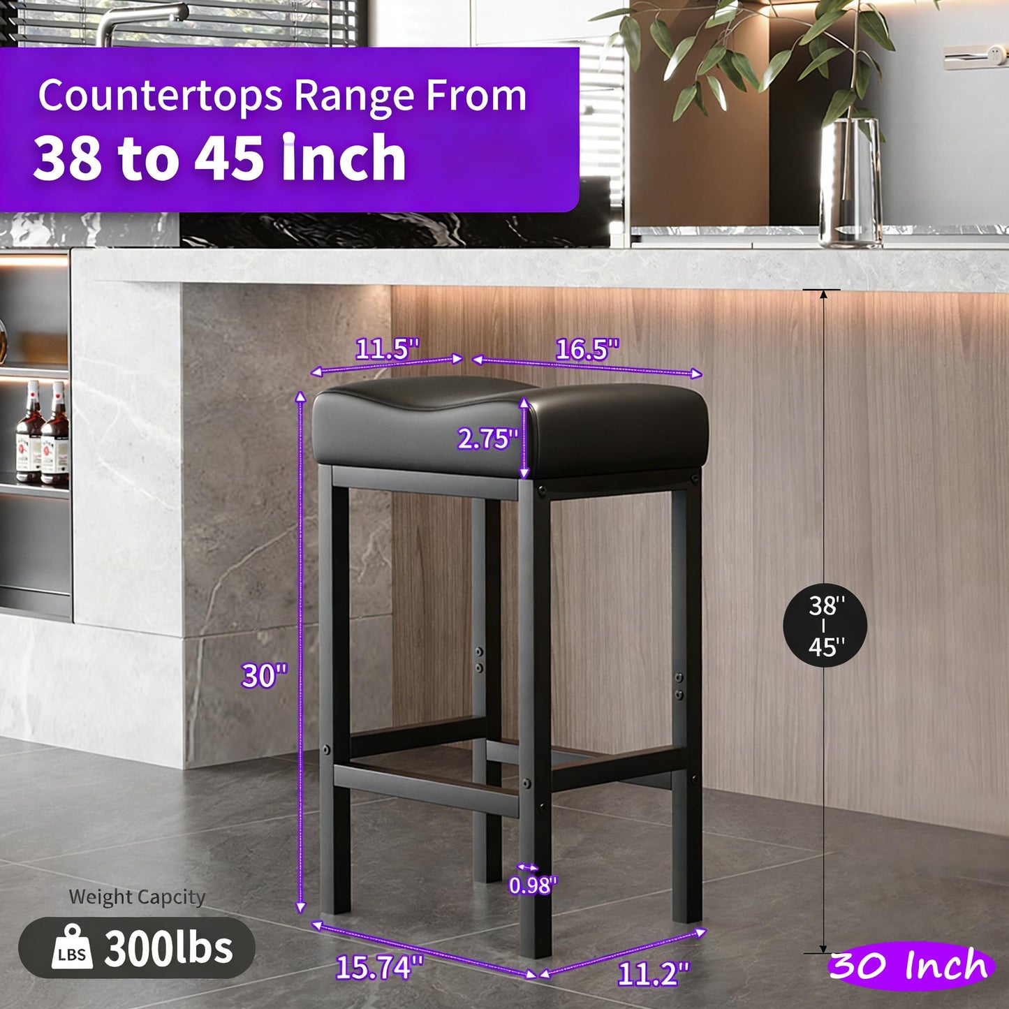 Monhey 30 Inch Bar Stools Set of 2 - Counter Height Bar Stools with Soft Leather Seat, 300LB Heavy Duty Backless Padded Barstool Chair Easy Assembly for Modern Kitchen Island Counter (Black)