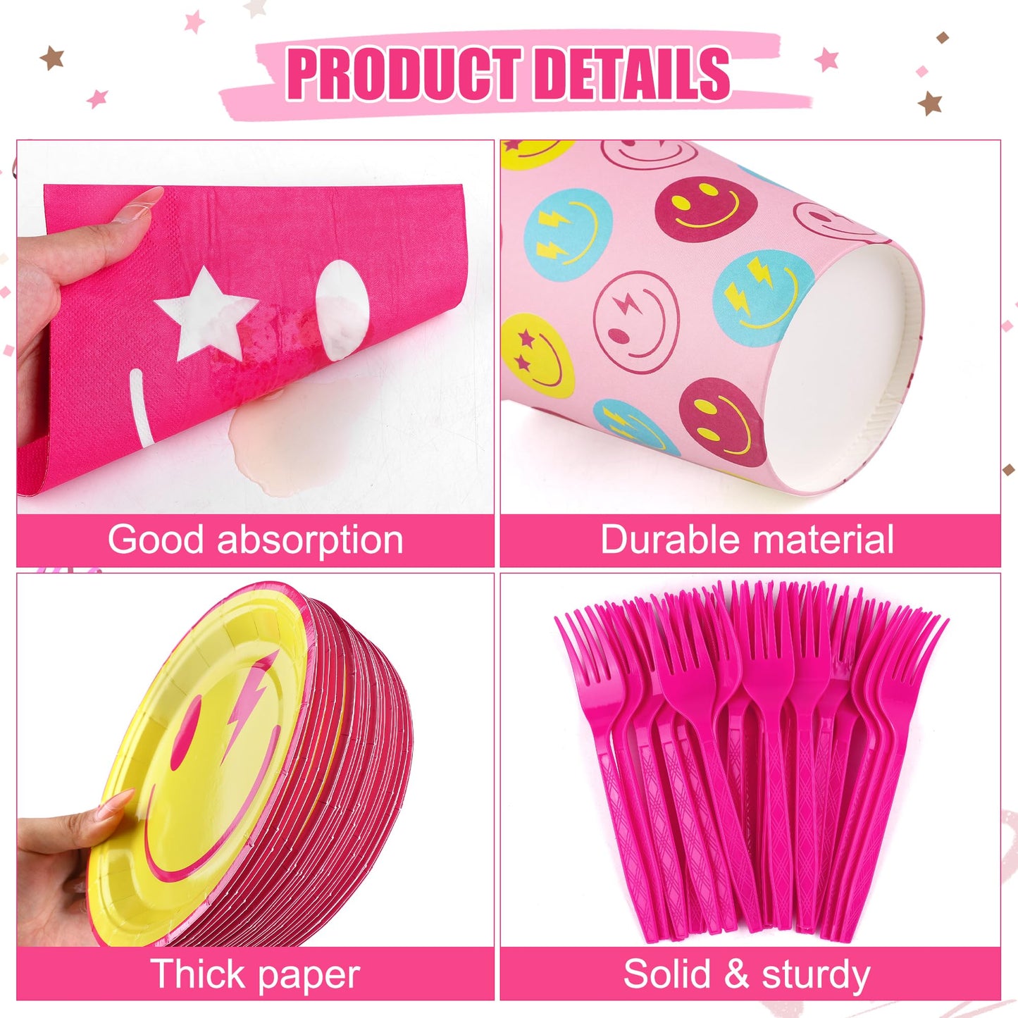 Kochorie 144 Pieces Preppy Smile Party Tableware Sets Including Disposable Plates Napkins Cups Forks Serves 24 for Smile Face Party Birthday Baby Shower Decor Party Supplies