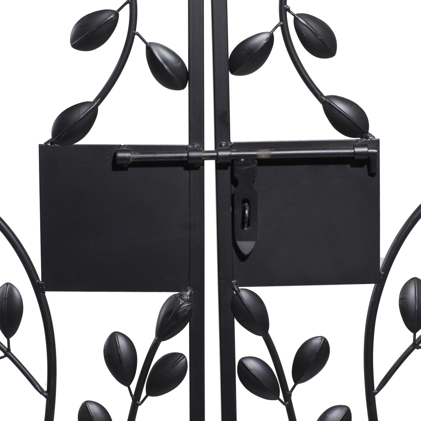 Deco 79 Metal Indoor Outdoor Scrollwork Arched Gate Garden Arbor with Vines and Latch Lock Closure, 70" x 15" x 65", Black