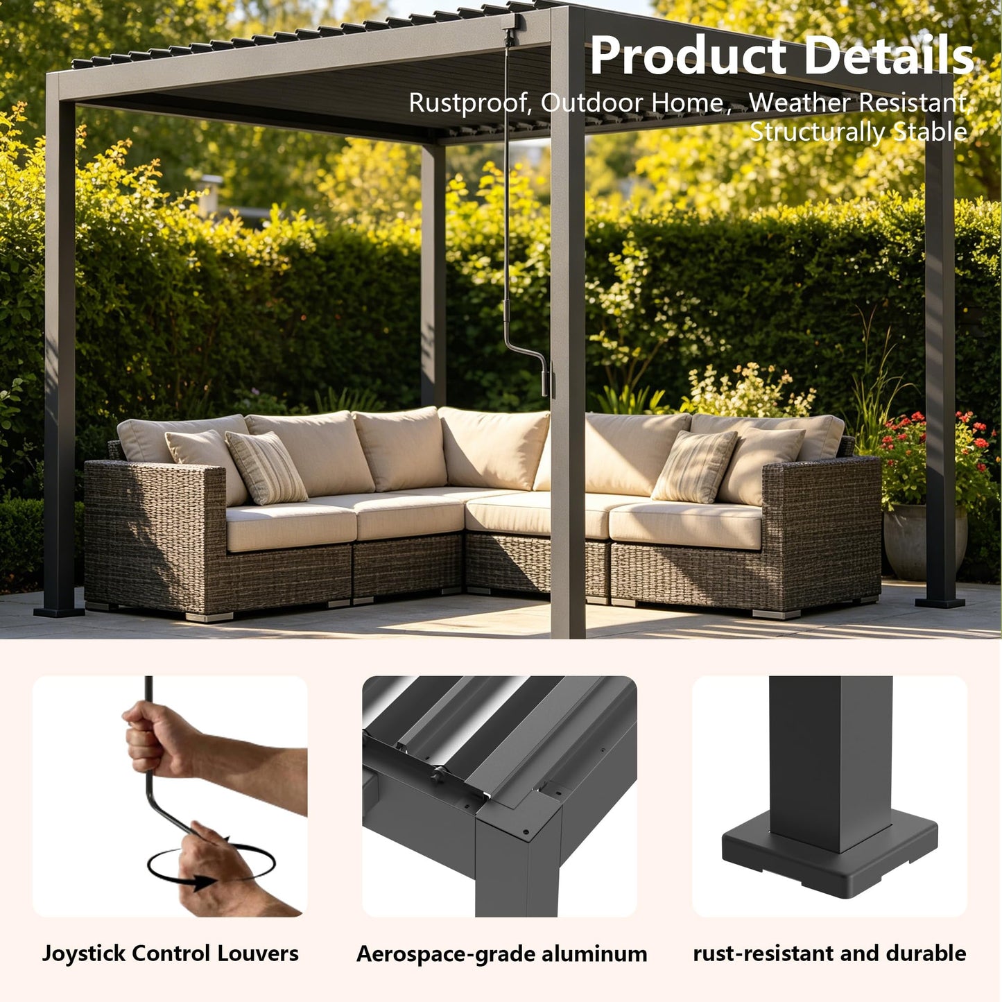 Orithm Louvered Pergola 10x12 FT, Aluminum Outdoor Pergola with 0°-90° Adjustable Hardtop Roof, Heavy Duty Metal Pergola for Patios, Deck and Backyard, Anti-Rust & Concealed Drainage, Charcoal Gray