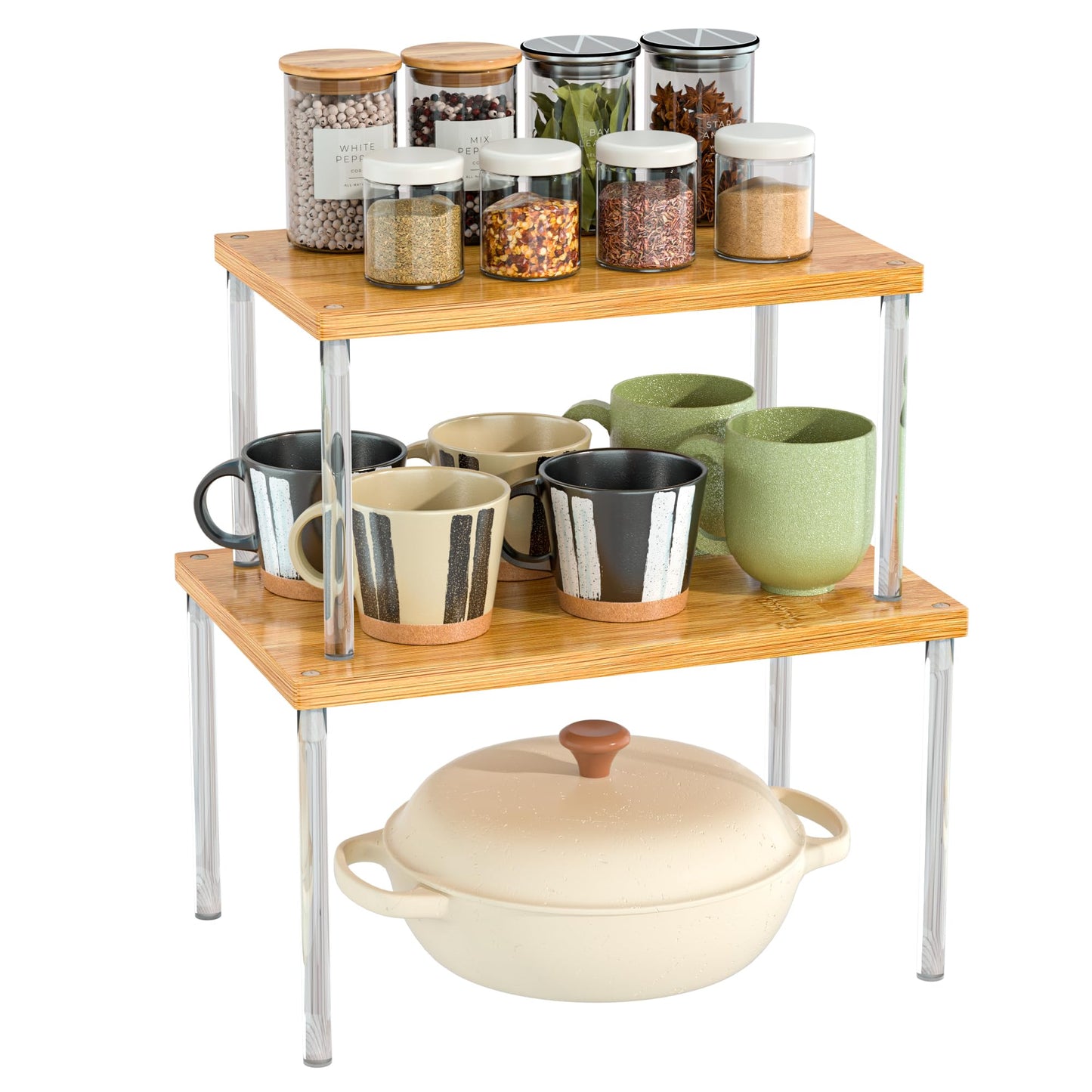 Jolitac Cabinet Organizer Shelf - Set of 2 Clear Acrylic Spice Rack, Stackable Pantry Storage Shelves for Kitchen Counter, Bathroom, Desk - Multi-Purpose Bamboo Space Saving Shelves, Easy Assembly