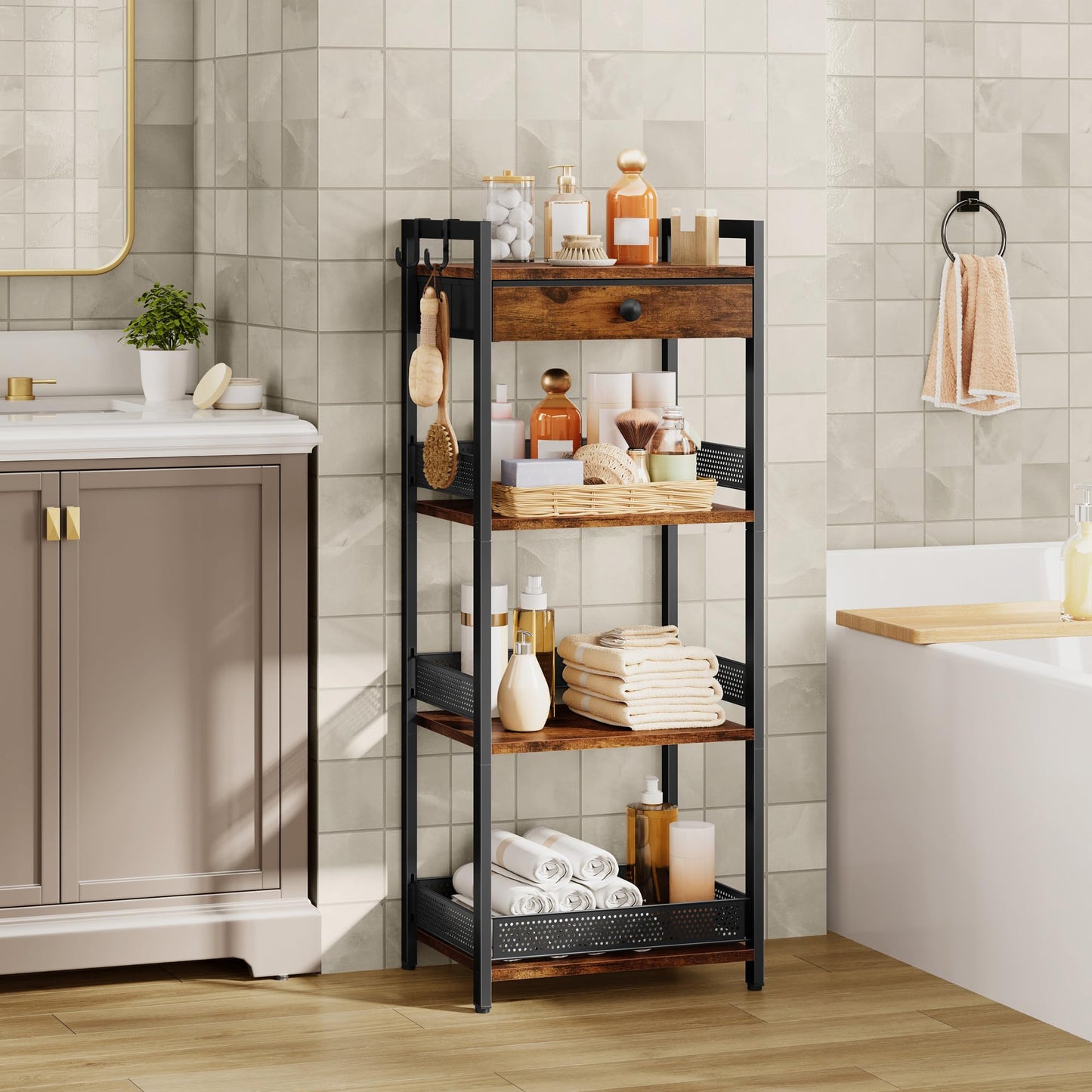FAVOOSTY 4 Tier Ladder Shelf Stand, Bookshelf with Drawer Storage, Decorative Display Shelves Wood & Metal, Plant Shelf, Standing Shelf Unit for Living Room Bedroom Office Kitchen, Rustic Brown