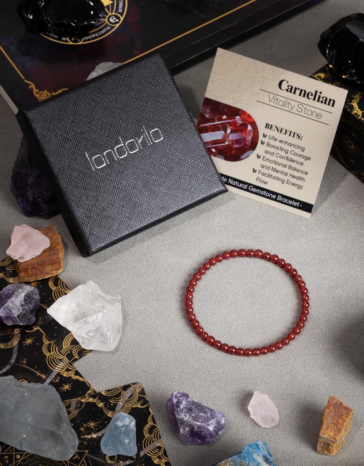 Landorilo Beaded Bracelet for Men Women, 4mm Natural Stone Carnelian Healing Crystal Stretch Bracelets, Ideal Christmas Birthday Jewelry Gifts with Energy Card，Replacement Beads Included