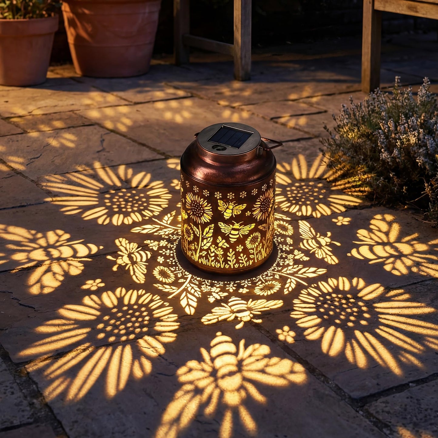 Calenzana Outdoor Waterproof Solar Lanterns Bee & Sunflower Hanging Solar Garden Light, Christmas Birthday Gifts for Women Mom Grandma, Metal Solar Decoration Outside for Yard, Patio, Backyard, Porch