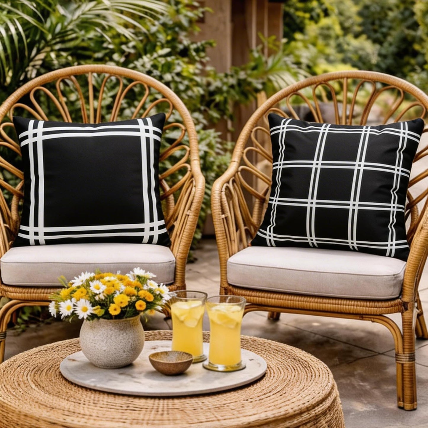 Adabana Pack of 2 Outdoor Waterproof Plaid Throw Pillow Covers Farmhouse Decorative Black Tartan Outdoor Pillow Covers for Patio Furniture Beach Chair 18x18 inch, Black