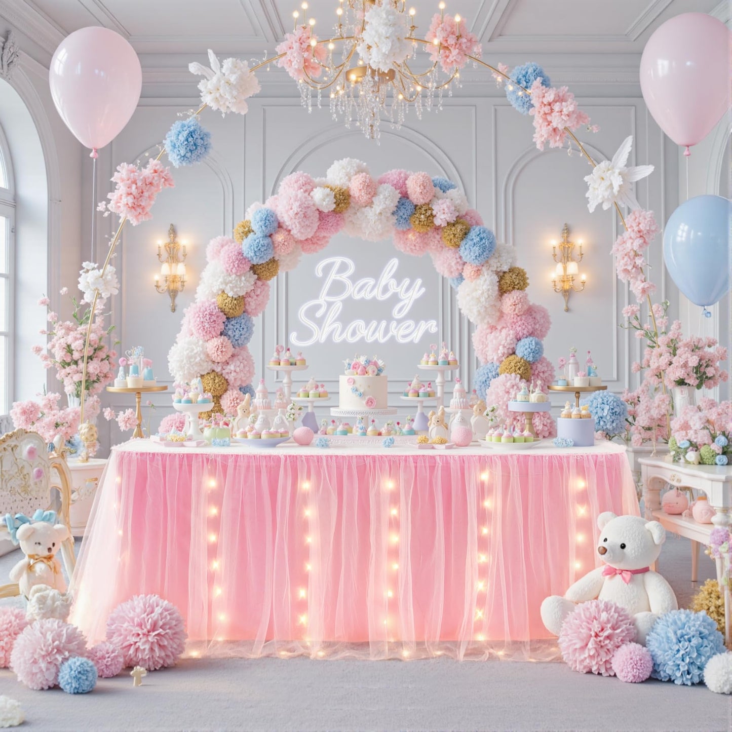 6FT Pink Tulle Table Skirt with LED Lights 2-Layer Ruffle Tulle Tutu Cloth Desk Table Skirt for Birthday Party Baby Shower Wedding Banquet Cake Dessert Decorations