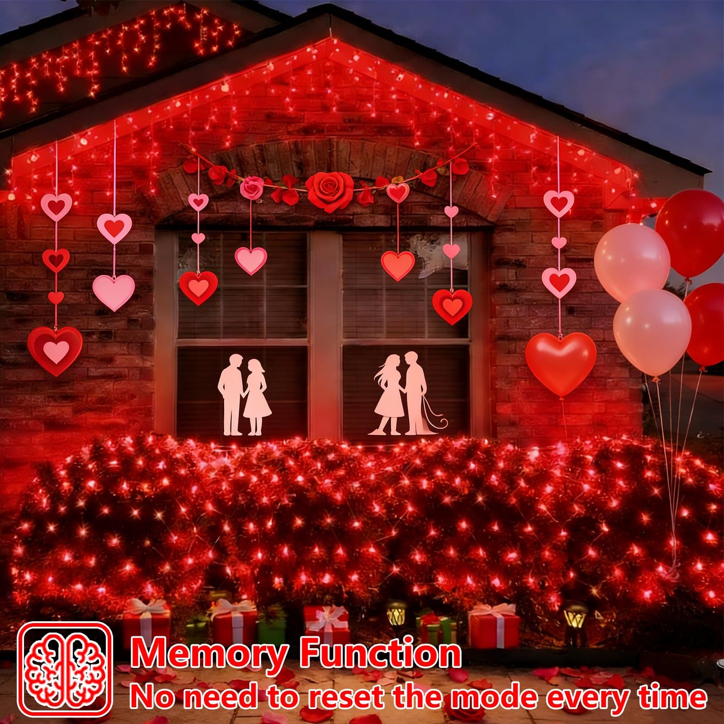 YEGUO Net Lights Outdoor Mesh Lights, 12ft x 5ft 360 LED Red Valentine‘s Day Light Outdoor Waterproof, 8 Modes Connectable Clear Wire Christmas Bush Light Plug in