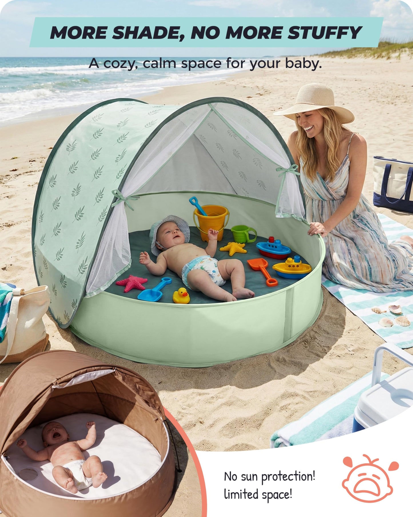 Baby Beach Tent with Pool, 3-in-1 Upgrade Pop Up UPF 50+ Sun Protection Shelter with Mosquito Net Babies Toddlers Portable Outdoor Summer Essentials for Beach, Backyard, Indoor- Green Leaves