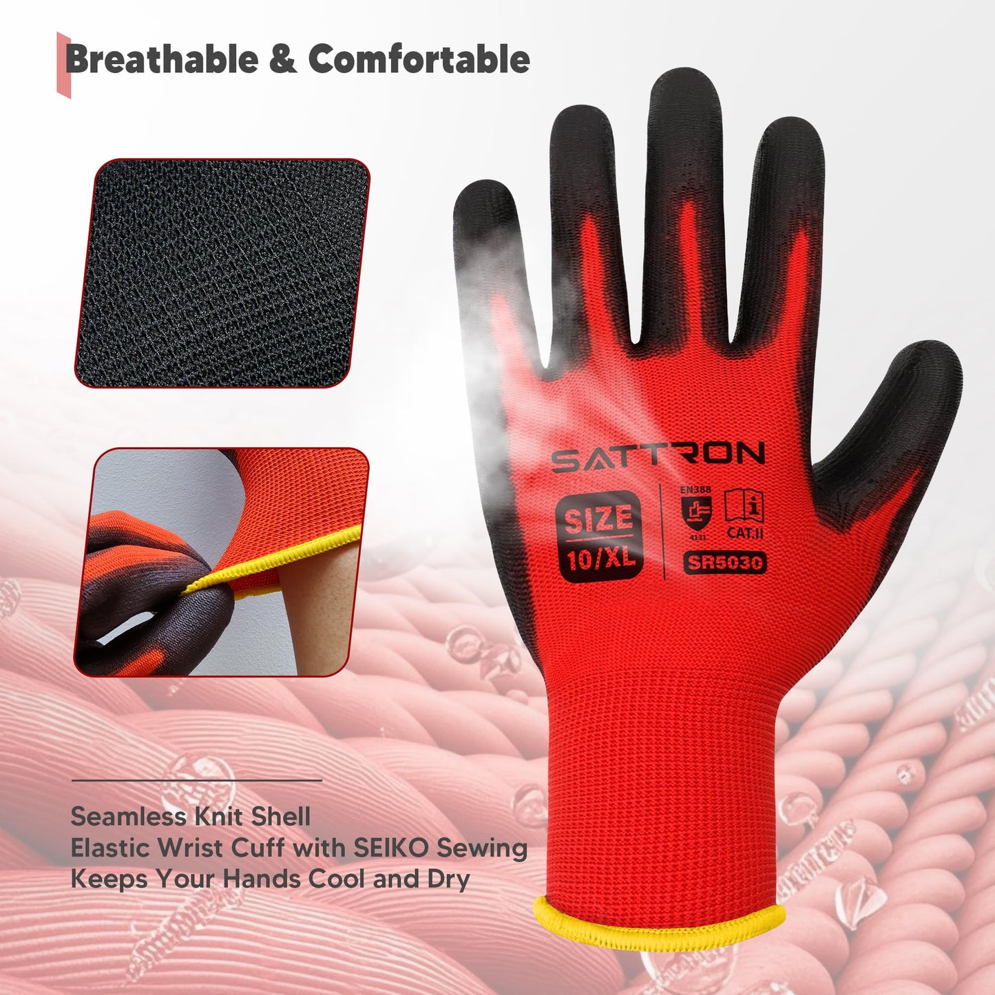 SATTRON Safety Work Gloves PU Coated, 12 Pairs Seamless Knit Gloves with Polyurethane Coating Working Gloves Excellent Grip for Men & Women, Breathable, Ideal for General Duty Work DIY (Red, Medium)