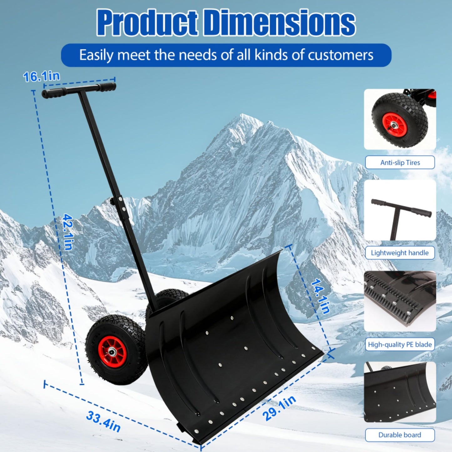 Snow Shovel with Wheels,29" Wide Metal Snow Pusher Shovel with 15" Height &10" Wheels,Adjustable Angle&Height Handle,Effortless Snow Removal,Ergonomic Design for Driveway&Sidewalk (Black Single Rod)