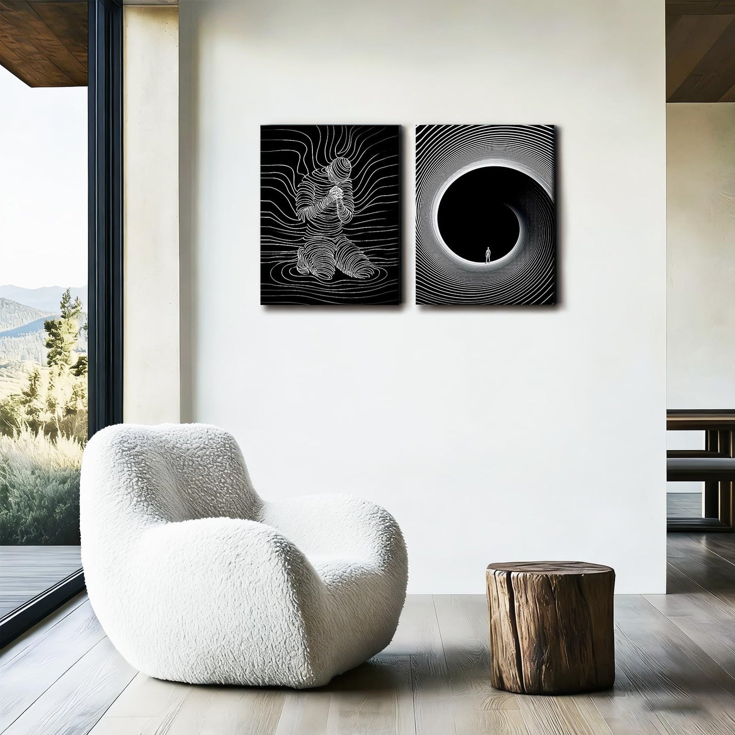 AUUAUU 2 Pcs Abstract Line Art Wall Art Black and White Modern Canvas Painting Minimalist Mental Health Wall Decor Surreal Human Figure Tunnel Art Prints for Living Room Bedroom 12x16 Inches