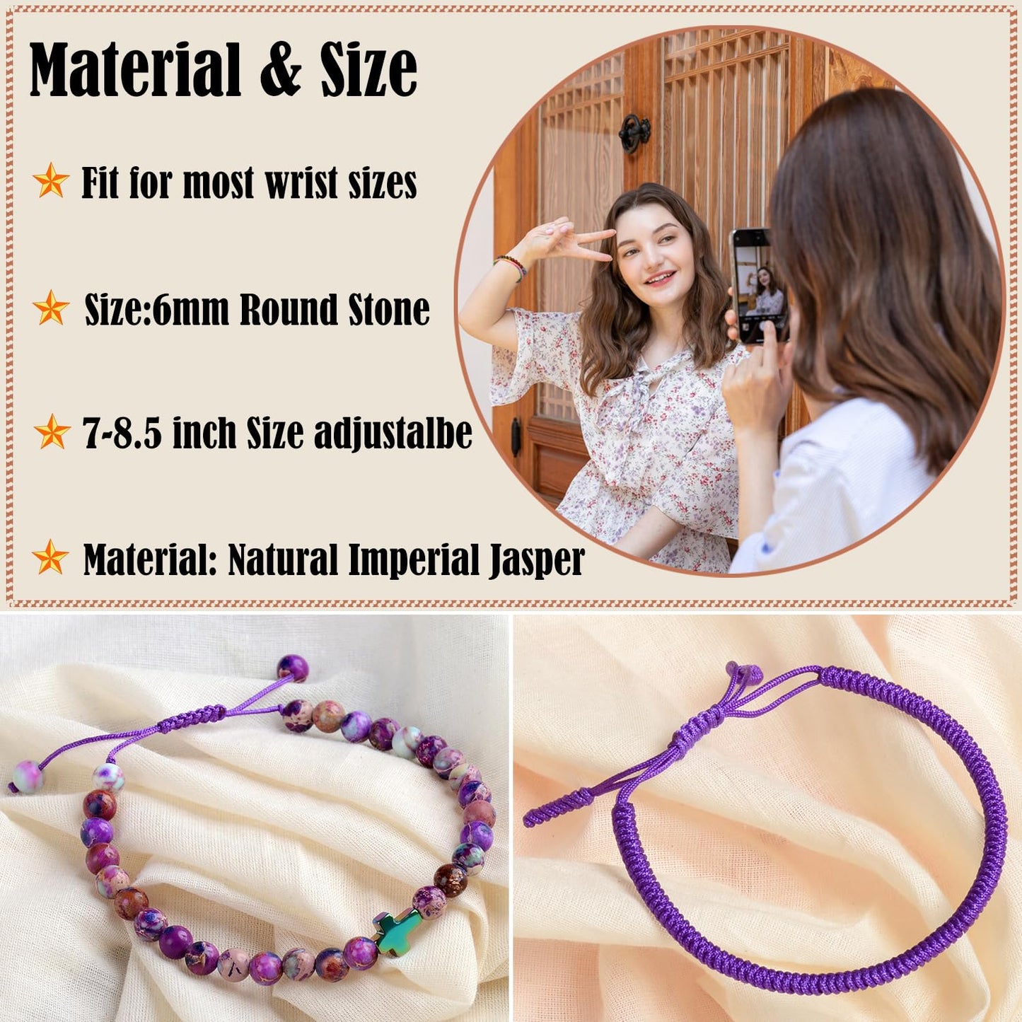 LPBeads 6mm Natural Imperial Jasper Corss Charm Bracelet with Handmade Rope Bracelet Size Adjustable Natural Stone Crystal Healing Bracelets Gifts for Women Girls