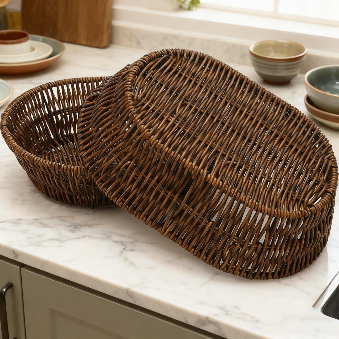 ZAVOOS 3 Pack Wicker Bread Basket, 11 Inch Woven Oval Food Baskets for Serving, Tabletop Stackable Pantry Organizer Bin for Home Kitchen, Restaurant, Bakery, Fruit Vegetable Storage, Brown