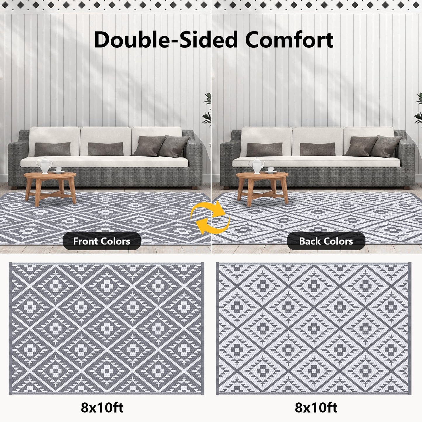COOLTOP 8'x10’ Outdoor Rug for Patios Porches, Waterproof Plastic Camping Rugs, Modern Reversible Mat, Large Area Rugs for Backyard, Deck, RV, Balcony, Picnic, Beach, Grey & White