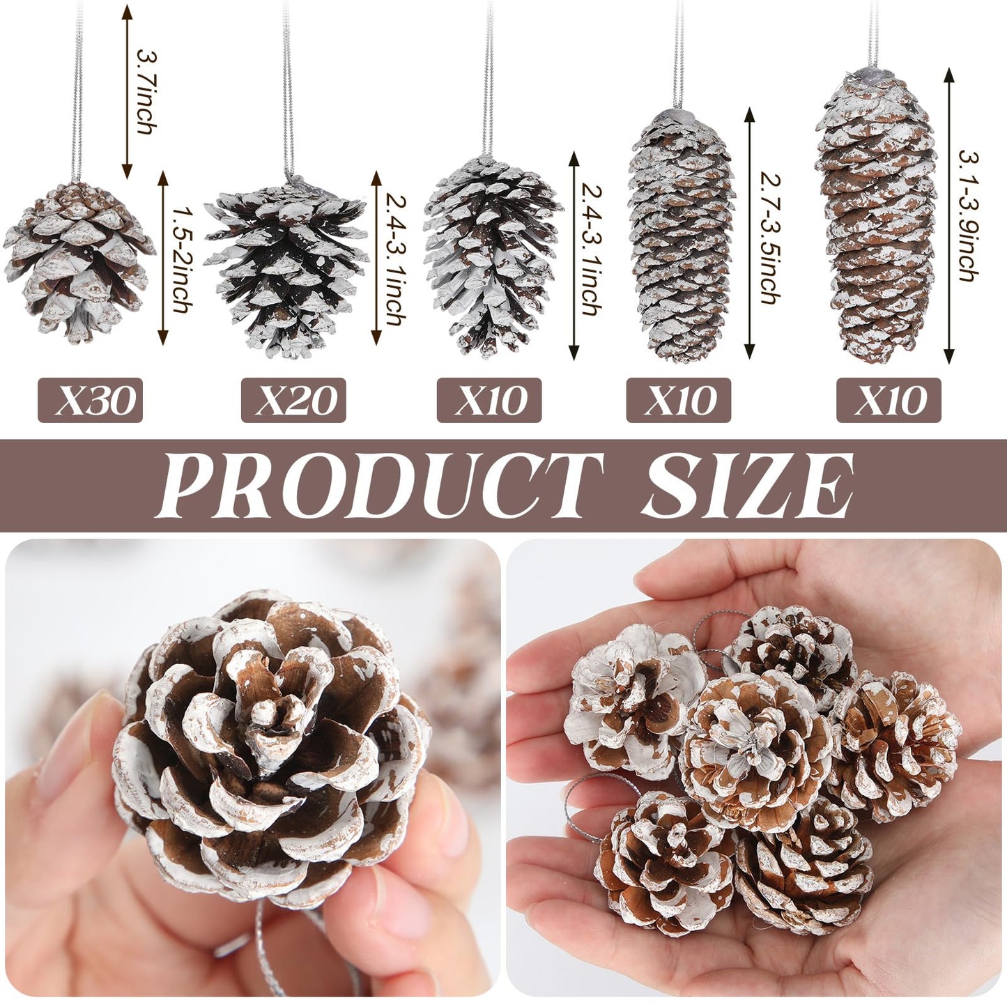 Giegxin 80 Pcs Winter Natural Pine Cones Ornaments 1.5-3.9inch Snow Frosted Pinecones for Crafts with String Bulk Xmas Tree Hanging Pendant Winter Holiday Decoration for DIY Gift Vase Filler Party