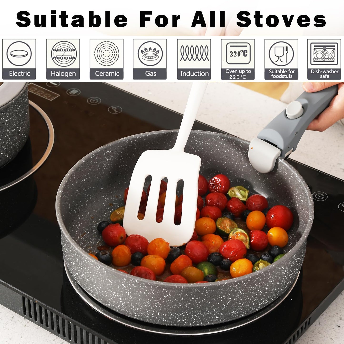 Vkoocy Gray Non Stick Pot and Pan Set with Removable Handle, Ceramic Cookware Set Detachable Handle, 5pcs Induction Kitchen Camping Stackable Pots Pans, Dishwasher/Oven Safe, PTFE/PFAS/PFOA Free