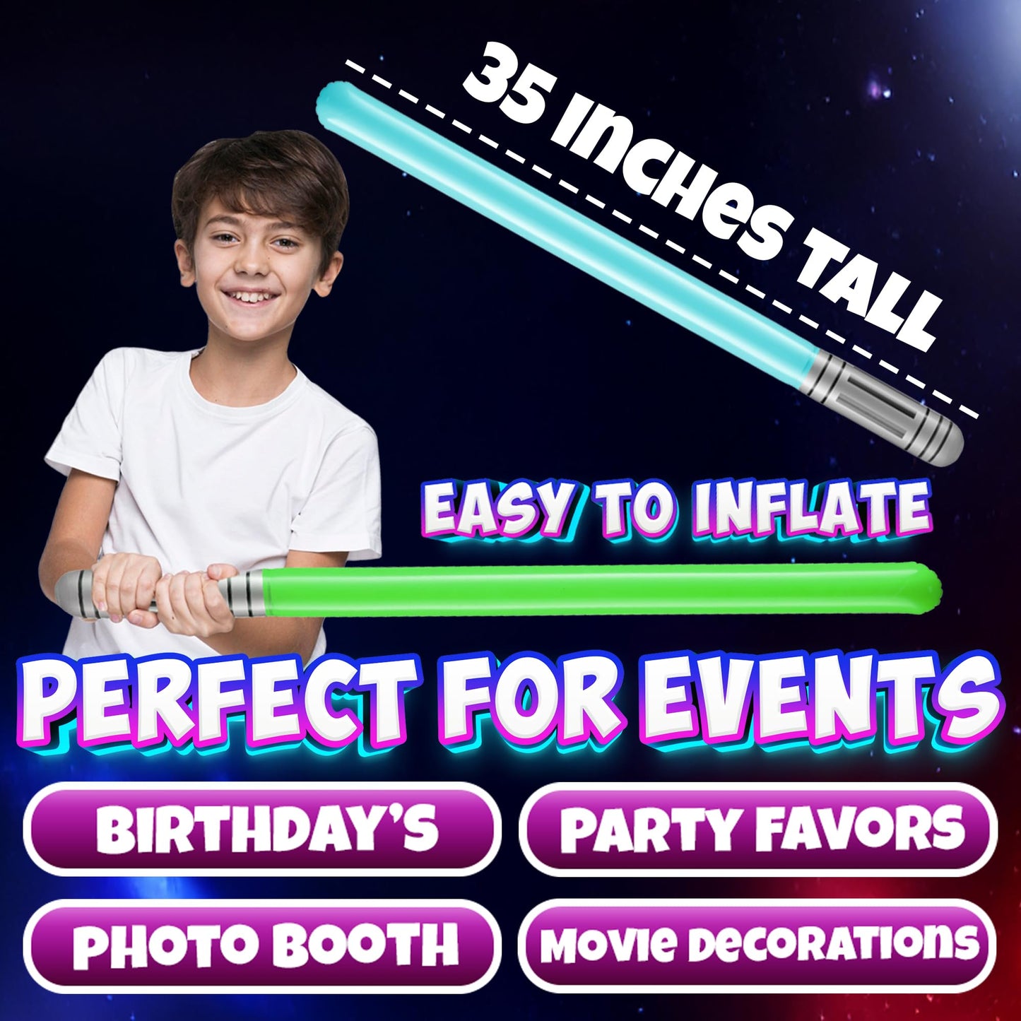 Bedwina Inflatable Light Sabers for Kids - (Pack of 6) 35-inch Neon Color Blow-Up Toy Saber Swords, Party Favors, Goodie Bags, Star Galaxy Theme Birthdays & Prize Toys