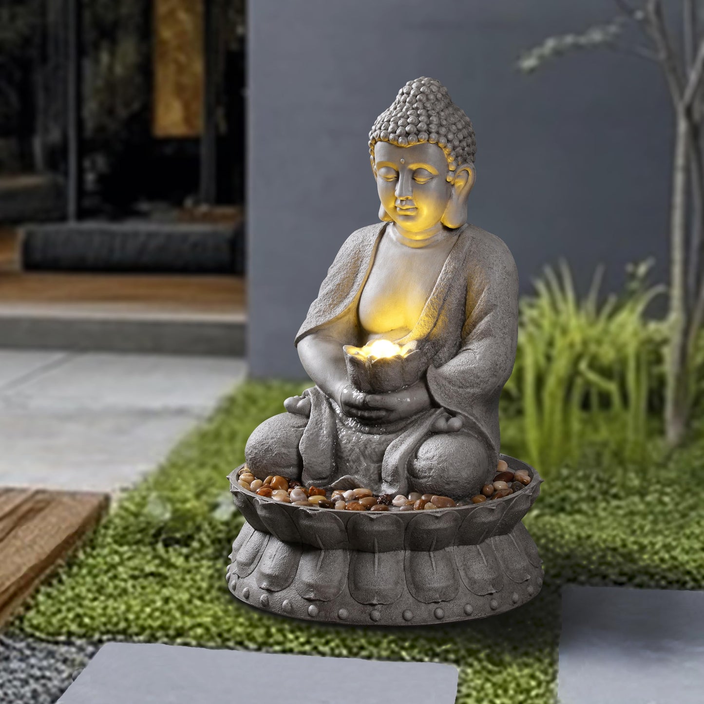 Mseonwxi Buddha Water Fountain Outdoor, Zen Fountain with LED Light for Garden, Home Decor, Relaxing Buddha Statue with Lotus Base, for Women