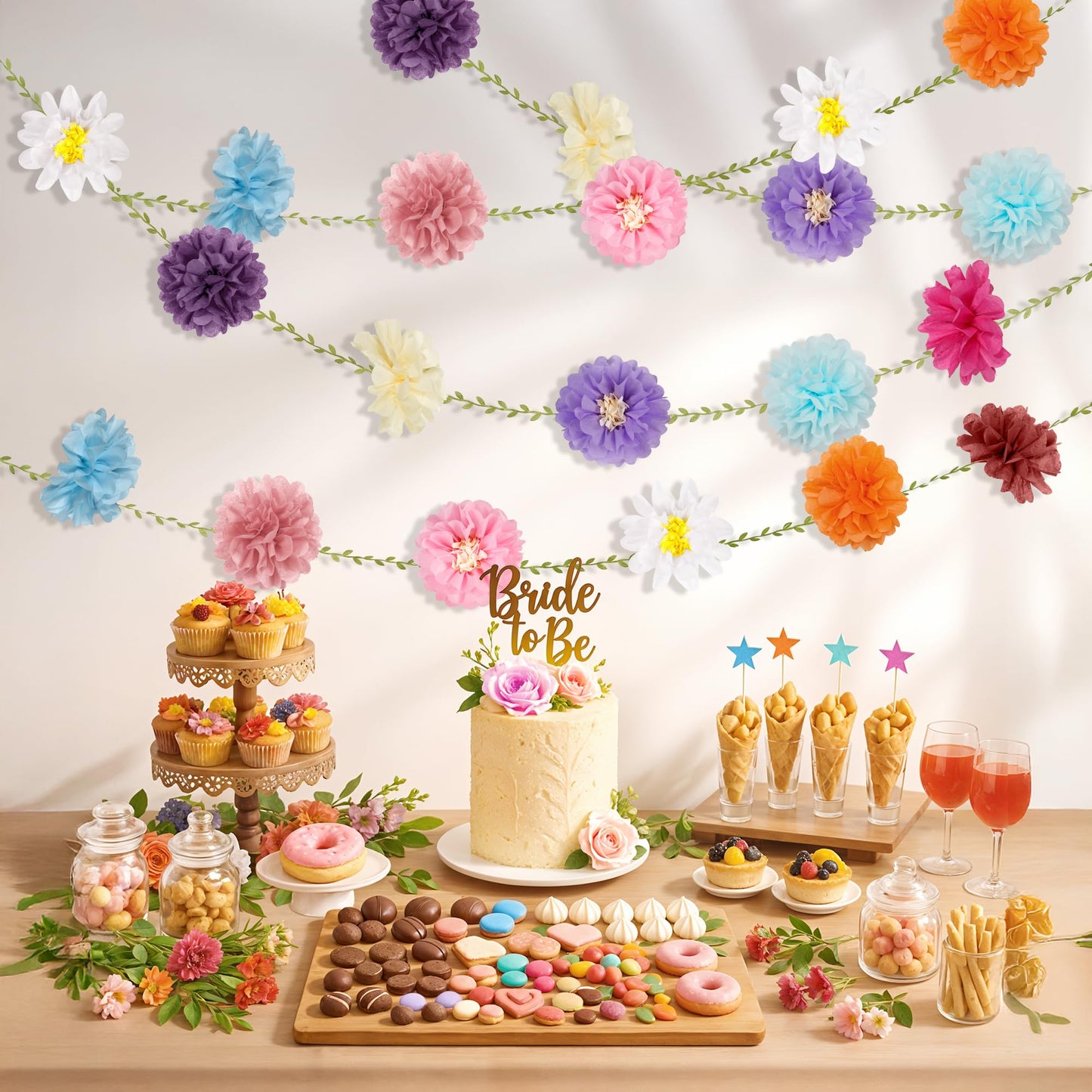 Kriyokiaa Tissue Paper Flowers Wildflower Paper Pom Pom Garlands Hanging Flowers Decorations for Wildflower Baby Shower, Baby in Bloom Baby Shower, Bridal Shower and Birthday Decorations