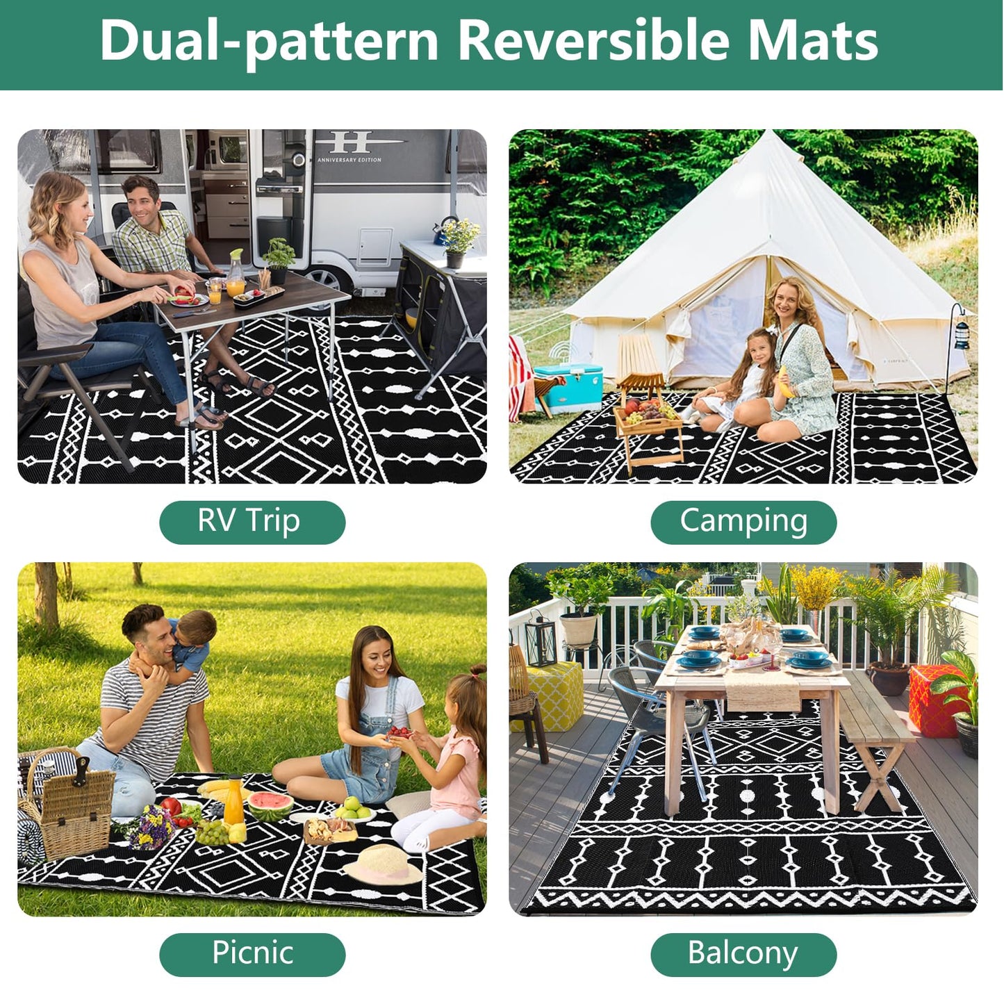 Acekool Waterproof Outdoor Rug, 8x10ft Plastic Straw Rug for RV Camping, Large Floor Mat and Rug for Outdoors, Outside Carpet for Rv, Deck, Camper, Picnic, Black