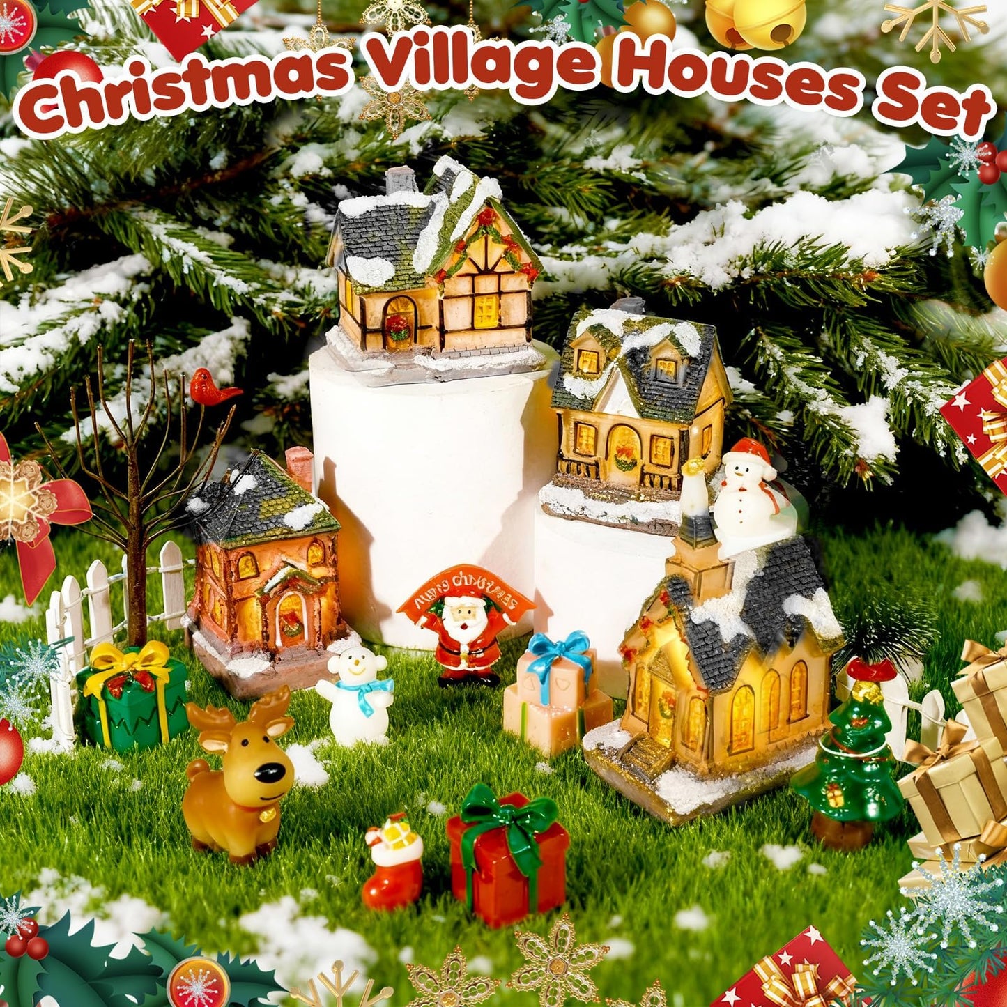 Warmtree 22 Pcs Christmas Village Houses Set, Resin Christmas Scene Village Town, Santa Tree Picket Fence Snow Figurines Accessories for Holiday Home Garden Office Festival Decor