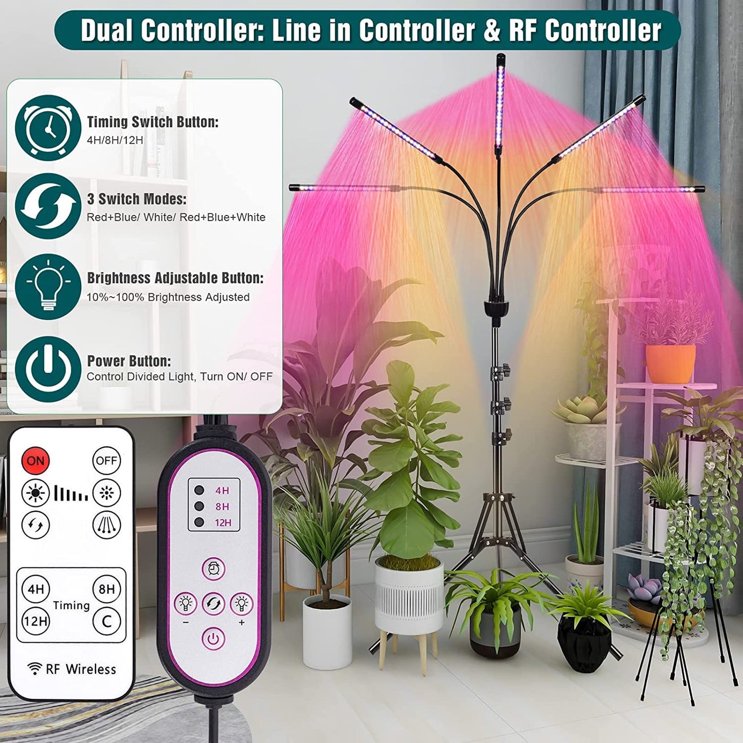 yentbokj Grow Lights for Indoor Plants,5 Heads Red Blue White Full Spectrum Plant Light with 15-60" Adjustable Tripod Stand, Indoor Grow Lamp with Remote Control and Auto On/Off Timer Function