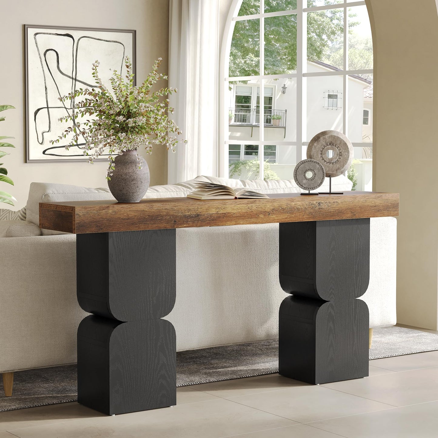63-Inch Console Table, Heavy-Duty Look, Behind Couch Sofa Table, Color Blocking Design, Bold Structural Presence, Modern Entryway Furniture for Living Room, Hallway, Foyer, Brown + Black