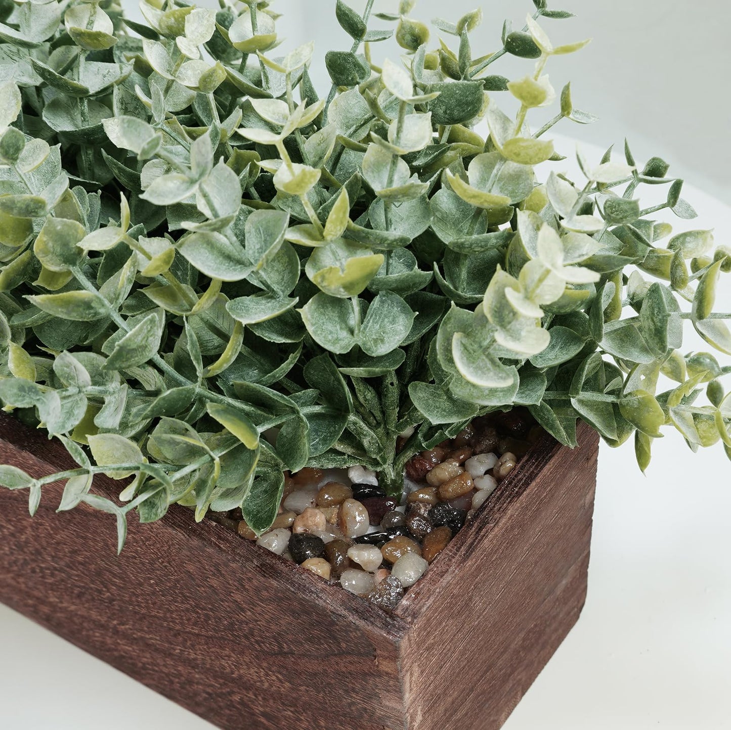 Winlyn 14" Artificial Eucalyptus in Rectangular Wood Planter Box Faux Plants Arrangement Centerpiece Wooden Potted Eucalyptus Plant for Farmhouse Wedding Dining Table Centerpiece Greenery Mantel Décor
