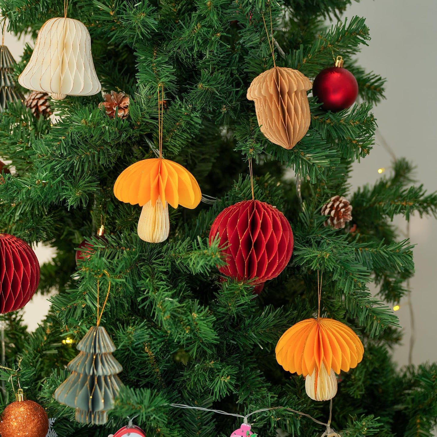 10 PCS Christmas Hanging Ornaments 3D Honeycomb Paper for Christmas, Party Decorations - Includes Mini Trees, Mushrooms, Acorns, Bells, Balls - Perfect All Season Creative DIY Items
